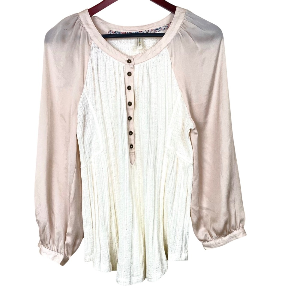 Meadow Rue Anthropologie Top Sz M Cottage Henley Feminine Boho Long Sleeve Cream